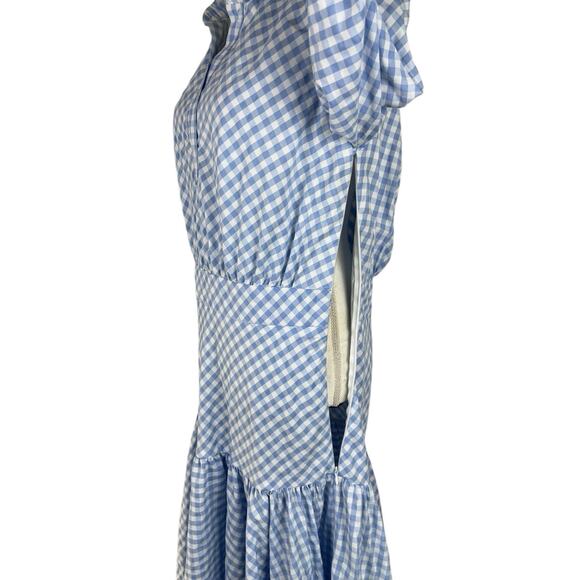 Tish Cox Checked Blue White Print Cotton Midi Shirt Dress Drop Waist Size Large - Picture 6 of 9